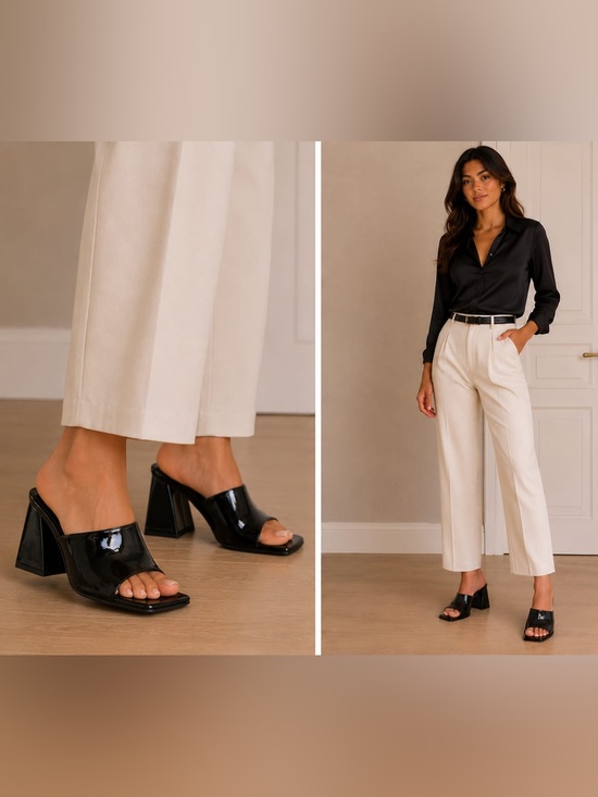 Wishbone Collection Shoes - Sleek Black Patent Block Heel Mules